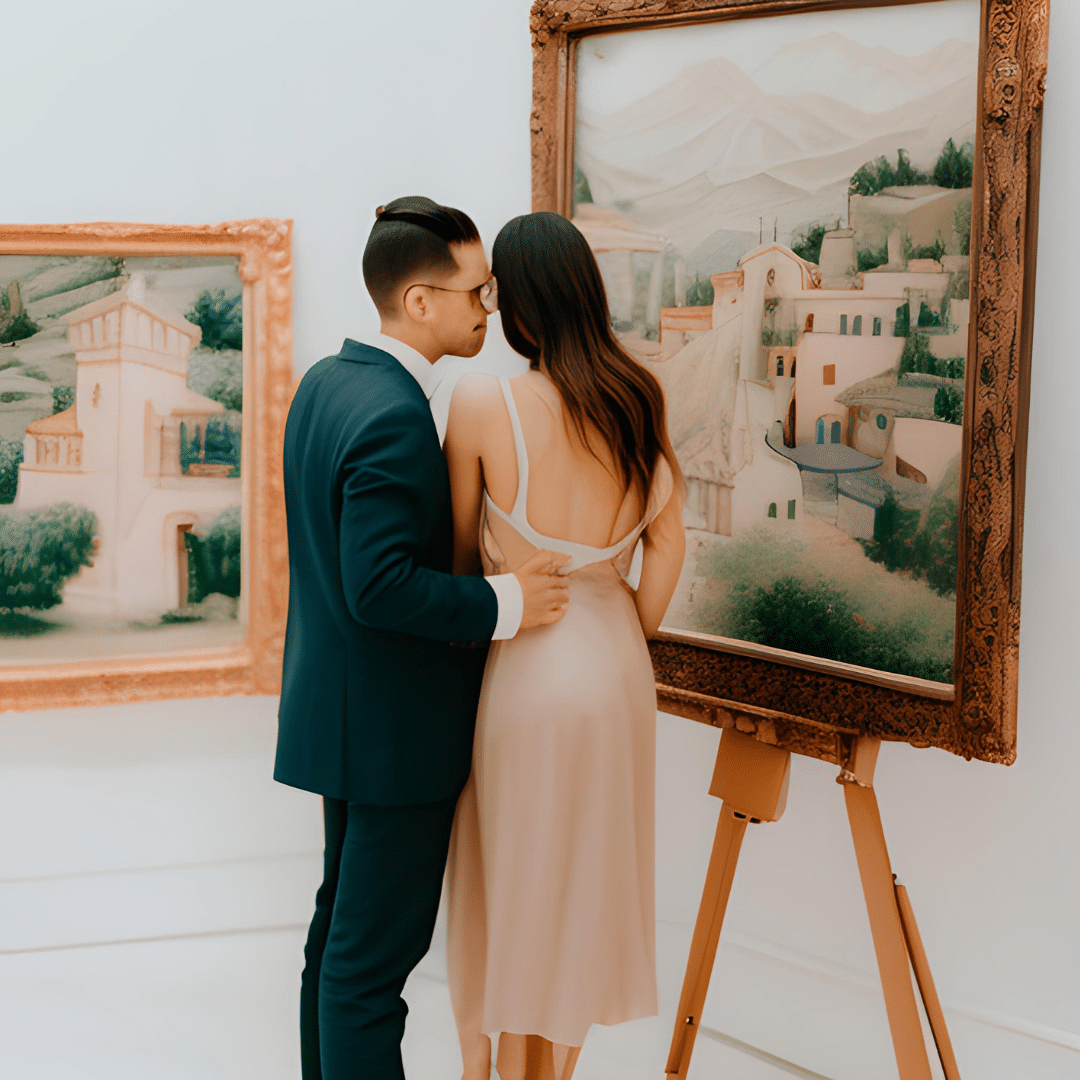 A couple looking at an artwork in a gallery.